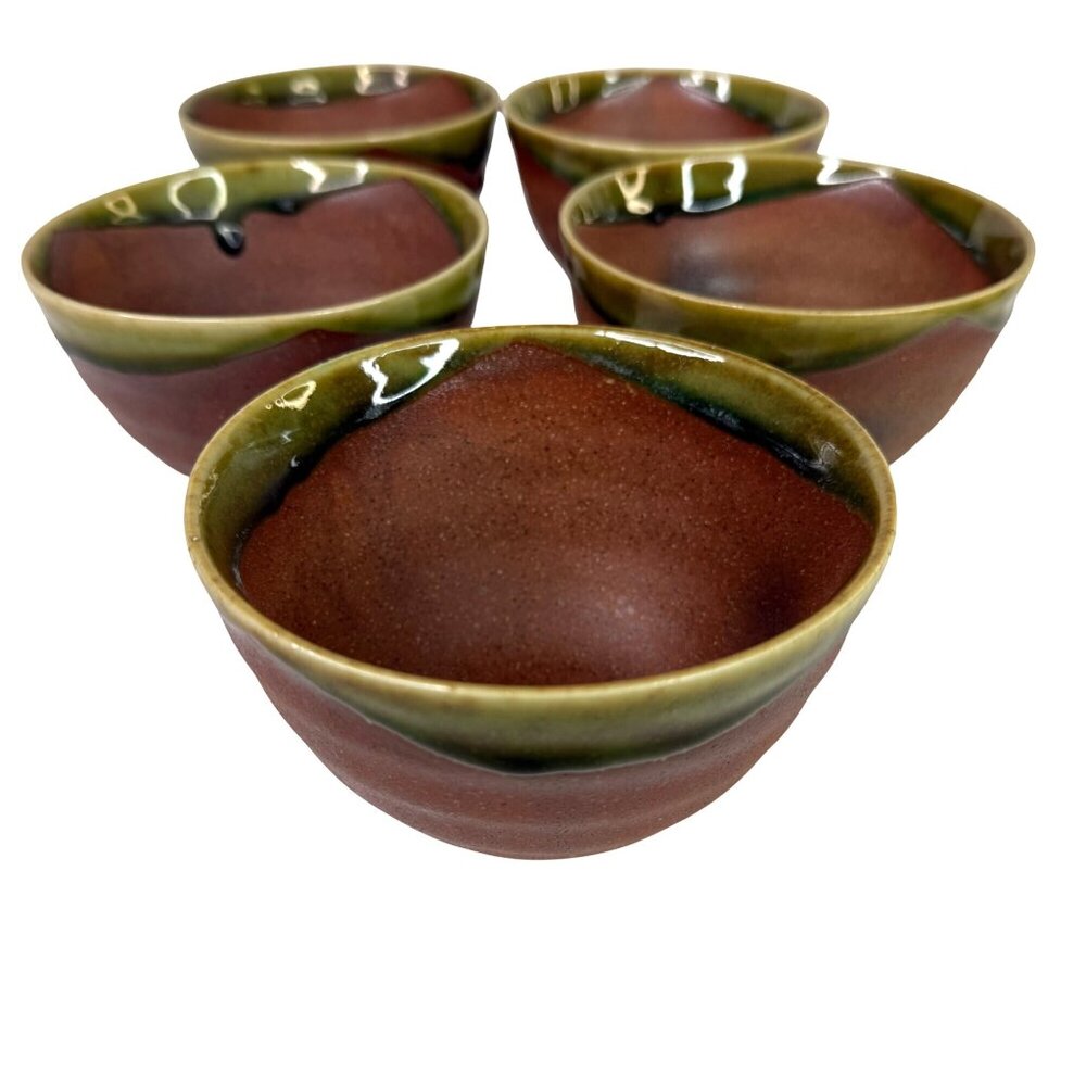 5 Hand Thrown Pottery Bowls Terracotta With Green Drip Glaze Edge Studio Art
